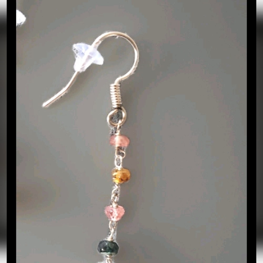 FreshwaterPearl & Multi-colored Genuine Sapphire Sterling Silver Dangle Earrings - Picture 2 of 7